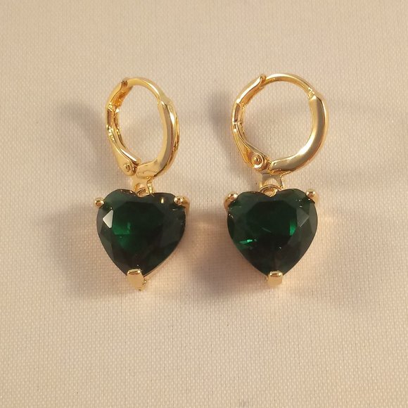18K Yellow Gold Filled Emerald Green Diamond Zircon Heart Dangle Earrings 3.16ct - Picture 2 of 3